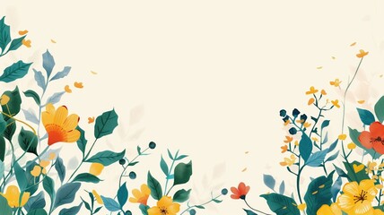 Elegant floral pattern border with a variety of colorful flowers and leaves on an off-white background. - obrazy, fototapety, plakaty