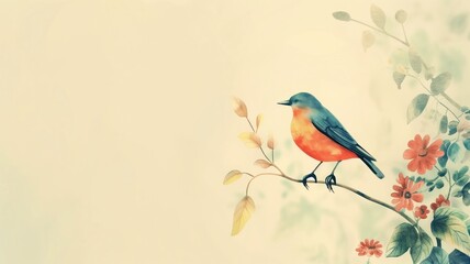 An artistic illustration of a colorful bird perched on delicate floral branch against soft, textured background.
