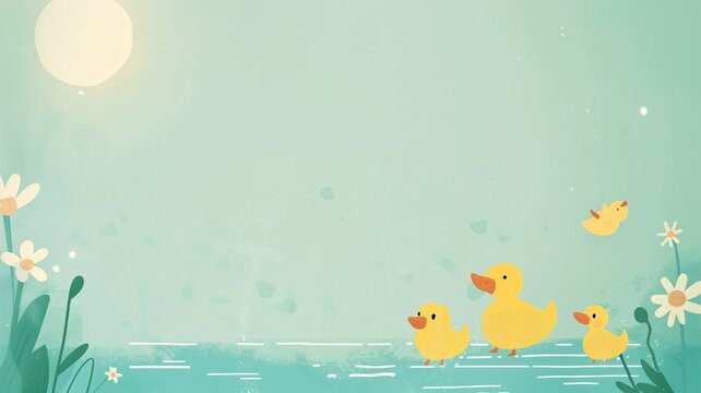 A whimsical illustration of three cute ducks in a row with daisies under sunny sky.