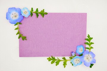 レースの白背景に青いネモフィラの花と葉を飾った紫の和紙の可愛らしいコメントスペースのモックアップ