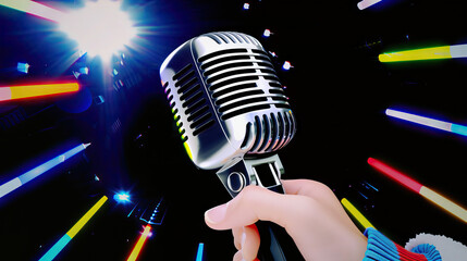 Retro Microphone in Singer's Hand, Bringing Vintage Vibes and Soulful Melodies to Life A singer's hand is holding a retro microphone, bringing vintage vibes and soulful melodies to life - obrazy, fototapety, plakaty
