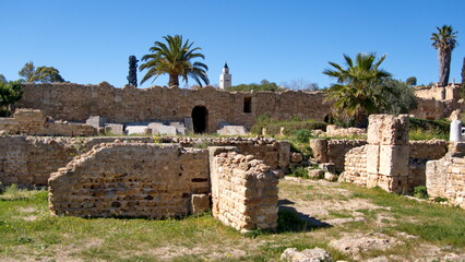 Stone walls and foundations at the Roman Villas in the Carthaginian ruins in Tunis, Tunisia