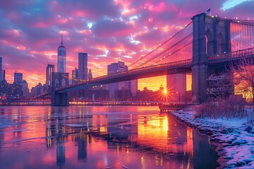 A picturesque scene of a bridge over tranquil waters with a stunning city skyline at sunset, the...