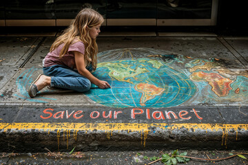 Child sits beside a chalk drawing of earth with save our planet on a sidewalk