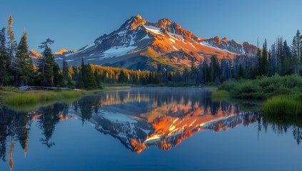 A snowcovered mountain is beautifully reflected in the calm waters of a lake, surrounded by lush...