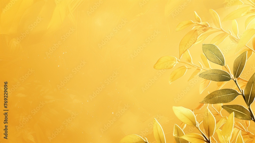 Poster golden background with shimmering particles and elegant leaves in the corner, creating an autumnal l