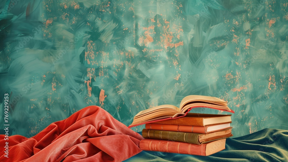Poster A stack of old books on a green and red textured backdrop with abstract patterns.