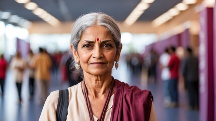 Beautiful elderly indian woman on work fair in exhibition hall job hunting looking at camera banner copy space template backdrop portrait from Generative AI - obrazy, fototapety, plakaty