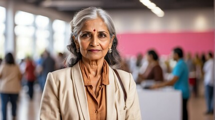 Beautiful elderly indian woman on work fair in exhibition hall job hunting looking at camera banner copy space template backdrop portrait from Generative AI