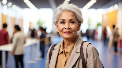 Beautiful elderly indonesian woman on work fair in exhibition hall job hunting looking at camera banner copy space template backdrop portrait from Generative AI