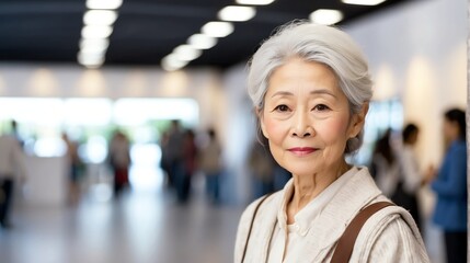 Beautiful elderly japanese woman on work fair in exhibition hall job hunting looking at camera banner copy space template backdrop portrait from Generative AI