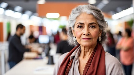 Beautiful elderly mexican woman on work fair in exhibition hall job hunting looking at camera banner copy space template backdrop portrait from Generative AI - obrazy, fototapety, plakaty