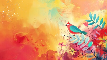 Fototapeta na wymiar Colorful abstract artwork with a vibrant bird perched on floral branches, featuring warm tones and paint splatters.