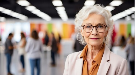 Beautiful elderly woman on work fair in exhibition hall job hunting looking at camera banner copy space template backdrop portrait from Generative AI