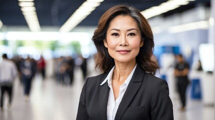 Beautiful middle aged asian woman on work fair in exhibition hall job hunting looking at camera banner copy space template backdrop portrait from Generative AI