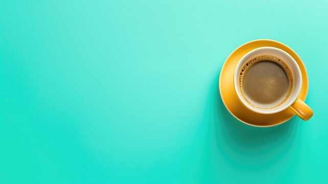 A vibrant image featuring a yellow coffee cup with black on bright teal background.