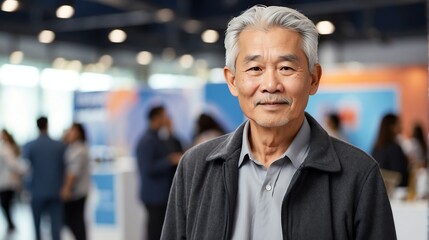 Handsome elderly asian man on work fair in exhibition hall job hunting looking at camera banner copy space template backdrop portrait from Generative AI