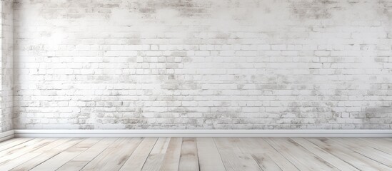 An empty room with a white brick wall featuring a rectangular pattern, contrasting beautifully with the hardwood flooring