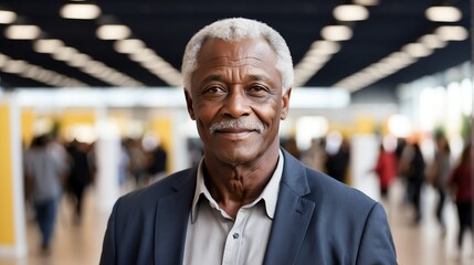 Handsome elderly black african man on work fair in exhibition hall job hunting looking at camera banner copy space template backdrop portrait from Generative AI