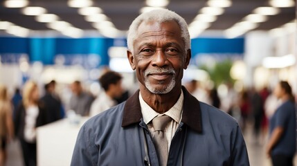 Handsome elderly black african man on work fair in exhibition hall job hunting looking at camera banner copy space template backdrop portrait from Generative AI