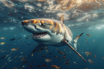 A great white shark, a Requiem shark of the Lamnidae family, is swimming in the liquid environment of the ocean, surrounded by other fish - obrazy, fototapety, plakaty