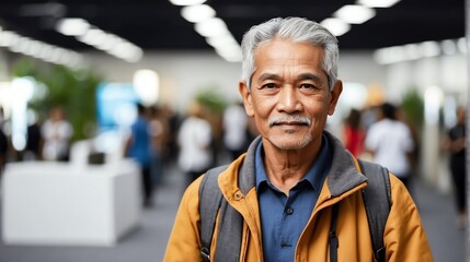 Handsome elderly indonesian man on work fair in exhibition hall job hunting looking at camera banner copy space template backdrop portrait from Generative AI - obrazy, fototapety, plakaty
