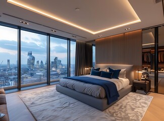 Beautiful bedroom interior design of a luxury modern apartment with a large window and view of the London cityscape, in a minimal style, with wooden floors, white walls, grey and blue furniture - obrazy, fototapety, plakaty