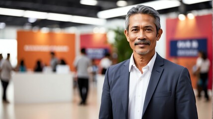 Handsome middle aged indonesian man on work fair in exhibition hall job hunting looking at camera banner copy space template backdrop portrait from Generative AI