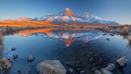 A highland mountain is mirrored in a serene lake, with rocks in the foreground creating a tranquil natural landscape. The sky meets the horizon in the fluid liquid expanse - obrazy, fototapety, plakaty