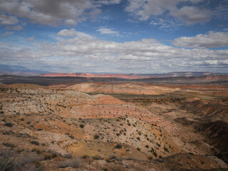 Beautiful view of colorful mesas and buttes in St. George Utah desert landscape