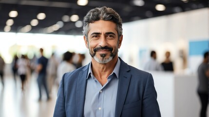 Handsome middle aged middle east man on work fair in exhibition hall job hunting looking at camera banner copy space template backdrop portrait from Generative AI - obrazy, fototapety, plakaty