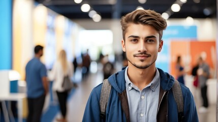Fototapeta premium Young attractive boy on work fair in exhibition hall job hunting looking at camera banner copy space template bac from Generative AI