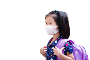 Protected little girl wearing a surgical face mask for flu and virus protection in healthcare, Children preparing to go to summer school, Kid carrying purple bags.