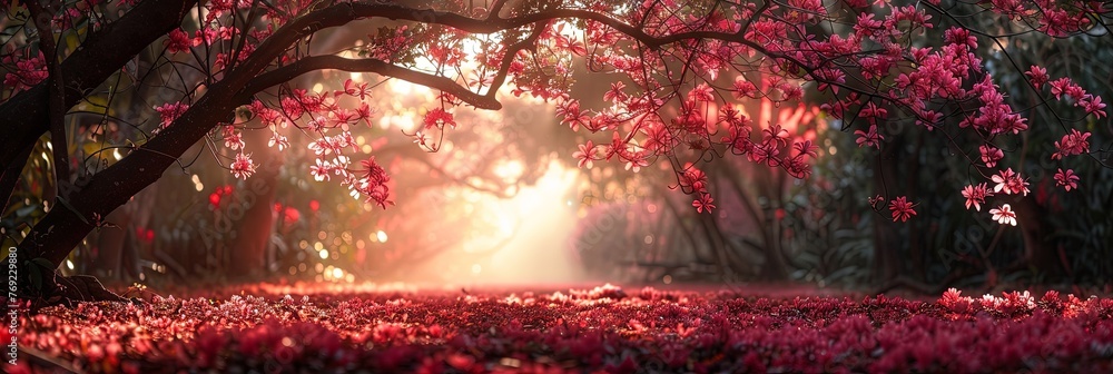 Poster the bright sun shines through the lush pink trees and vibrant flowers, creating a dazzling display o