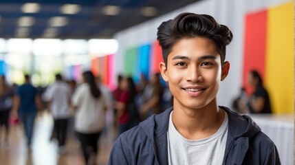 Young attractive filipino boy on work fair in exhibition hall job hunting looking at camera banner copy space template bac from Generative AI