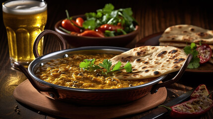 Indian Tarka Dal Curry with Roti and Beer Generative AI