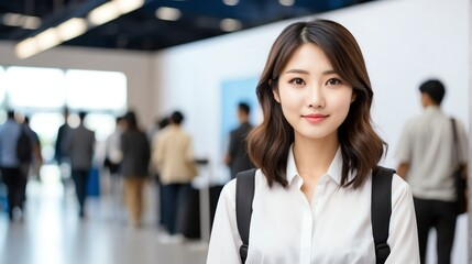 Fototapeta premium Young attractive japanese girl on work fair in exhibition hall job hunting looking at camera banner copy space template bac from Generative AI