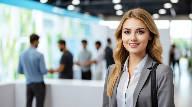 Young attractive girl on job fair in exhibition hall job hunting looking at camera banner copy space template backdrop from Generative AI