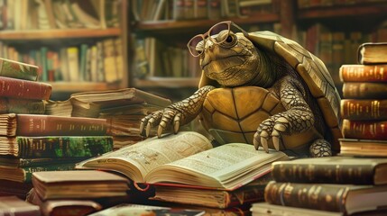 Wise old turtle with glasses deeply engrossed in a classic novel
