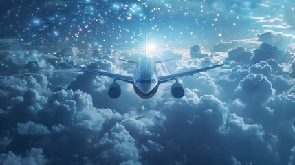 Commercial Airplane Soaring through Starry Night Sky and Fluffy Clouds: A Concept Embodying Space Travel and Adventure - obrazy, fototapety, plakaty