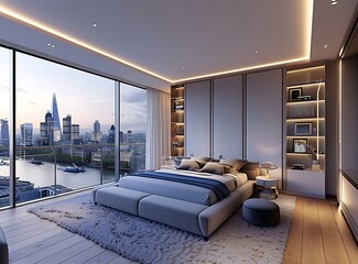 Beautiful bedroom interior design of a luxury modern apartment with a large window and view of the...