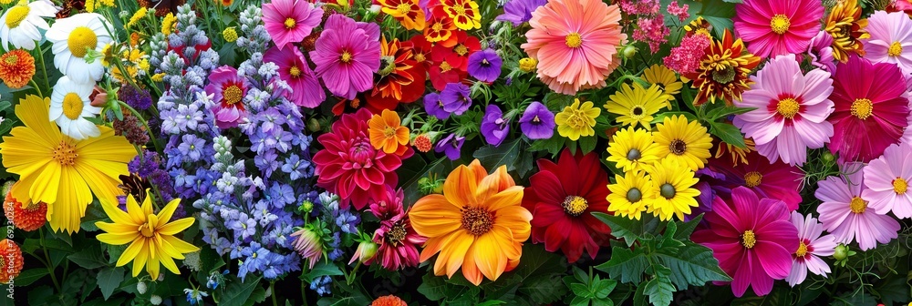 Poster a vibrant array of wildflowers cascading through the lush green grass, creating a whimsical and pict