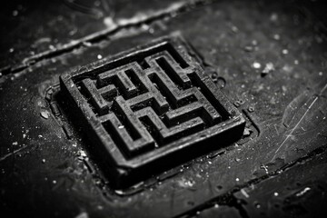 A mesmerizing black and white portrayal of a drain, capturing the intricate patterns and textures of its metallic surface