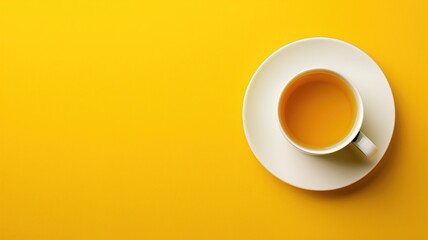 A white cup with tea on a saucer, placed bright yellow background.