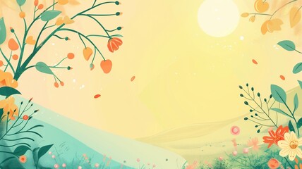 A whimsical and vibrant illustration of a floral landscape with pastel color palette.