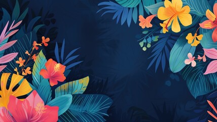 Colorful tropical flowers and leaves on a dark blue background, evoking lush, vibrant jungle atmosphere.