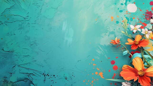 Vibrant flowers against a teal textured background with paint splatters.
