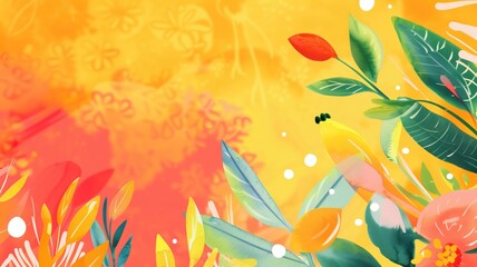 Vibrant tropical background with vivid leaves and flowers against a sunny gradient backdrop featuring artistic effects.