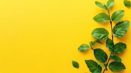 Fototapeta na wymiar A green plant branch on a bright yellow background.