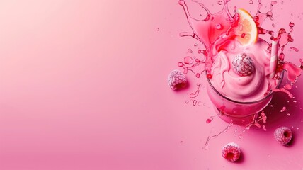 A vibrant pink smoothie with splashes and raspberries on a background.